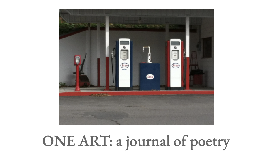 Vintage gas station with two Esso fuel pumps under a canopy and a red and white theme, featuring the title 'ONE ART: a journal of poetry' below.
